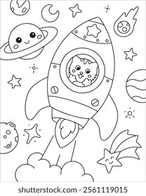 Cute cat in the rocket coloring page illustration