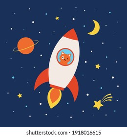 Cute cat in a rocket exploring galaxy. Flat vector illustration. 