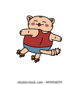 Cute cat rollerskating. Vector illustration. Cartoon style