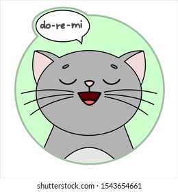 Cute Cat, Round Icon, Emoji. Gray Cat With A Mustache Smiles, Singing Do-re-mi. Cloud Conversation, Bubble Speech. Lettering, Handwritten Word do re mi. Vector Image Isolated On A White Background.