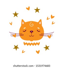 Cute cat round vector graphic icon.Ginger kitten animal head, face illustration. Isolated on white background.Cartoon style vector illustration.