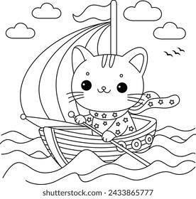 The cute cat is rowing a boat out at sea coloring page.