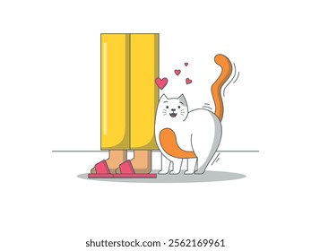 Cute cat rubbing leg. The darling of its owner with love. Character design. Vector flat illustration