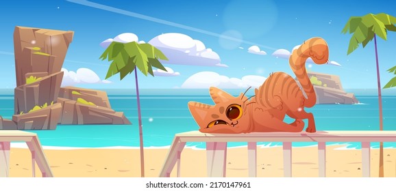 Cute cat rubs against fence on wooden terrace on sea beach. Vector cartoon illustration of summer tropical landscape with palm trees and funny tabby kitten on railing of veranda