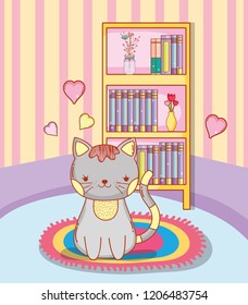 cute cat in the rug with bookcase and hearts