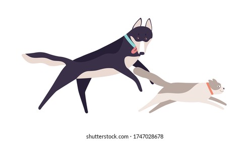 Un gato lindo huyendo de divertida ilustración plana vectorial de perro. Dos amigos animales domésticos jugando juntos aislados de fondo blanco. Mascotas alegres y amigables divertiéndose