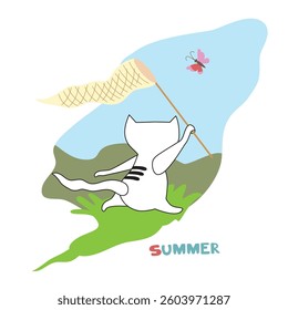 Cute cat running on green grass, catching butterfly in sky. Happy white kitten with butterfly net. Funny pet on lawn in summer time. Cartoon character, hand drawn vector illustration. Flat design.