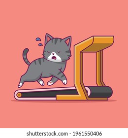 Cute cat corriendo en la ilustración de caricatura de la cinta rodante El concepto de tecnología aislada. Estilo de caricatura plana adecuado para llevar páginas web, carteles, volantes, pegatinas, tarjetas