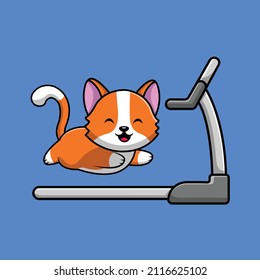 Cute Cat Running On Treadmill Cartoon Vector Icon Illustration. Animal Sport Icon Concept Isolated Premium Vector. Flat Cartoon Style