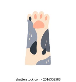 Cute cat s paw with soft tender pads. Feline animal s hand raised up, gesturing hi. Adorable funny foot of spotty kitty. Colored flat doodle vector illustration of kitten leg isolated on white