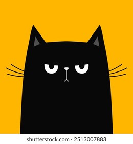 Lindo gato. Linda cabeza de cara triste y enojada. Gatito gracioso. Icono de silueta negro. Animal de compañía kawaii. Feliz Halloween. Dibujos animados divertido personaje de bebé. Estilo infantil. Diseño plano. Fondo amarillo. Vector