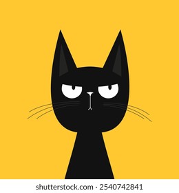 Cute cat. Sad angry face head. Funny kitten. Black silhouette icon. Long ears. Kawaii pet animal. Happy Halloween. Cartoon funny character. Childish style. Flat design Yellow background. Vector