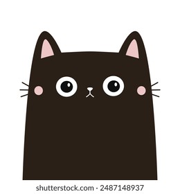 Cute cat. Sad face head. Kitten with pink ears, nose, cheeks. Black silhouette icon. Funny kawaii pet animal. Cartoon funny baby character. Childish style. Flat design. White background. Vector