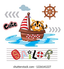 cute cat sailor on sailboat vector cartoon 