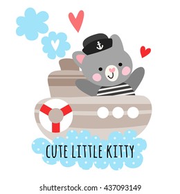 Cute cat sailor on a ship at sea. Children's illustration with a cat.