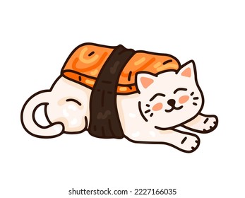 Cute cat salmon sushi. Draw vector illustration.