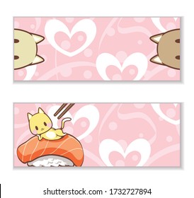 Cute cat and salmon sushi with heart, sweet pink wallpaper cover. Cover banner poster and product. Vector illustration. Used for website cover page design and digital media products.