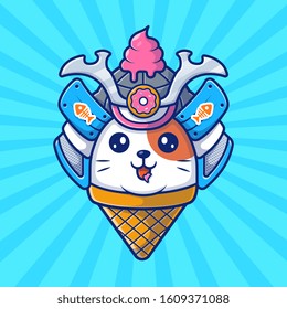 Cute Cat Samurai Mascot Cartoon Vector Icon Illustration. Animal Nature Icon Concept Isolated Premium Vector. Flat Cartoon Style