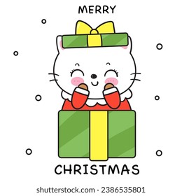 Cute Cat santa cartoon with Christmas gift (happy new year kids) animal kawaii kitten vector for fairy tale book. Perfect make a wish for winter festival, celebration party children, princess party.