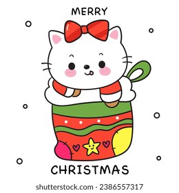 Cute Cat santa cartoon in Christmas sock (happy new year kids) animal kawaii kitten vector for fairy tale book. Perfect make a wish for winter festival, celebration party children, princess party.