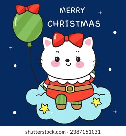 Cute Cat santa cartoon holding balloon (happy new year kids) animal kawaii kitten vector for fairy tale book. Perfect make a wish for winter festival, celebration party children, princess party.