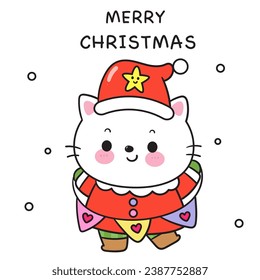 Cute Cat santa cartoon holding love label (happy new year kids) animal kawaii kitten vector for fairy tale book. Perfect make a wish for winter festival, celebration party children, princess party.