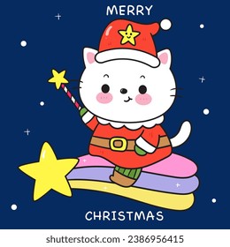 Cute Cat santa cartoon ride Christmas star with magic wand (happy new year kids) animal kawaii kitten vector for fairy tale book. Perfect make a wish for winter festival, celebration party children.