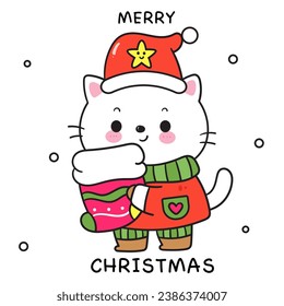 Cute Cat santa with Christmas sock (happy new year kids) animal kawaii kitten vector for fairy tale book. Perfect make a wish for winter festival, celebration party children, princess party, pattern.