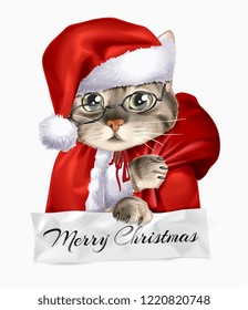 cute cat in Santa Claus costume holding merry Christmas sign illustration