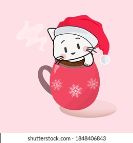 
Cute cat in santa claus hat peeks out of a mug.
Vector Christmas illustration.