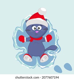 A Cute Cat In A Santa Claus Hat On The Snow Makes A Snow Angel. Cartoon Illustration For Children