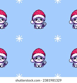 Cute cat in Santa Claus hat. Seamless vector Christmas pattern in pixel art style.