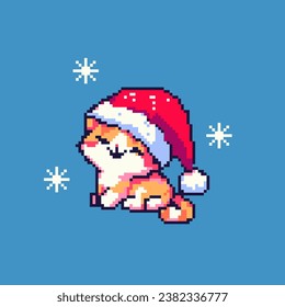 Cute cat in Santa Claus hat. Vector illustration in pixel art style.