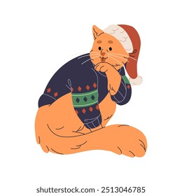 Cute cat in Santa Claus hat washing. Funny kitty wearing wool Christmas sweater in winter holiday. Domestic animal in Xmas knitted clothes. Flat isolated vector illustration on white background