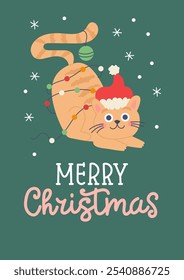 Cute cat with Santa hat and lights garland. Christmas feline card. Vector card design template