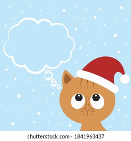 Un gato lindo con sombrero de navidad en invierno / fondo de nieve. Caricatura, colección de animales. Los pensamientos se burbujan. Ilustración del vector 