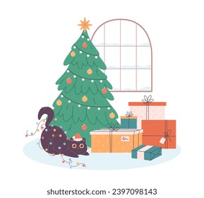 Cute cat in Santa hat playing with garland near Christmas tree with presents. Merry Christmas greeting card. Vector illustration in flat style 