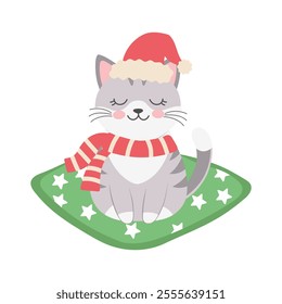 Cute cat with Santa hat and scarf. Christmas card design template. Flat illustration	