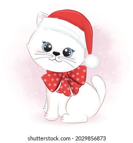 Cute cat and santa hat in winter and Christmas illustration.