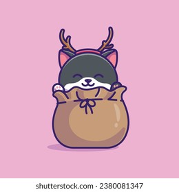 Cute cat in santa sack simple cartoon vector illustration christmas concept icon isolated