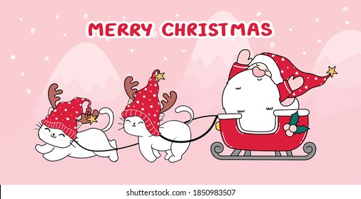 cute cat and Santa in sleigh for Christmas day and New year. Winter concept. Doodle cartoon style, Draw illustration banner 