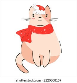 Cute Katze im Hut des Weihnachtsmanns. Vektorgrafik. Ideal für Print- oder T-Shirt. Flaches cremiges Design einzeln auf weißem Hintergrund