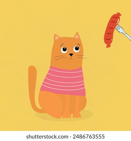 lindo gato y salchicha . Ilustración vectorial