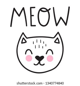 Cute cat say meow. Scandinavian, nordic style. Simple hand drawn vector illustration design. Best for nursery, childish textile, apparel, poster, postcard.
