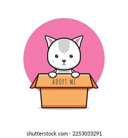 Un gato lindo que dice adoptarme como ilustración de un icono de caricatura. Diseño de dibujos animados planos aislados