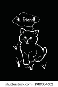 Cute cat saying hi friends to a lonely person printable wall art gift. Wall decor printable download file. Black and white silhouette designs flat minimalist wall art. 