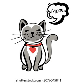 Cute cat says meow.  Vector illustration in doodle style.