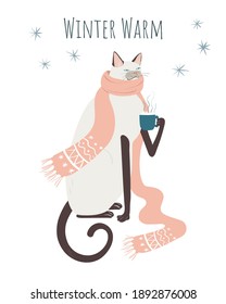 Cute cat in a scarf with a cup of coffee isolated on a white background. Warm winter card.