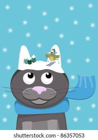 cute cat with scarf during wintertime with snowy ears on which a bird is skiing. Pun on Words: snow-cat