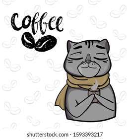 Cute cat in a scarf enjoying smell of the coffee in the morning on a seamless pattern of coffee grains. Illustration